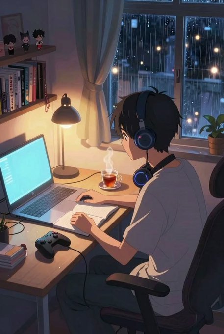 An anime-style illustration shows a young man wearing headphones, working on a laptop at a desk on a rainy night, with a cup of tea beside him.