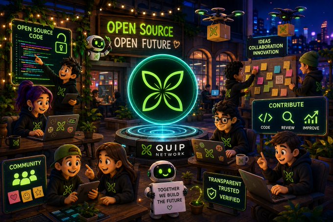 A vibrant illustration of the "QUIP NETWORK" community, with people collaborating on code and ideas under banners reading "OPEN SOURCE OPEN FUTURE," "IDEAS COLLABORATION INNOVATION," and "TOGETHER WE BUILD THE FUTURE."