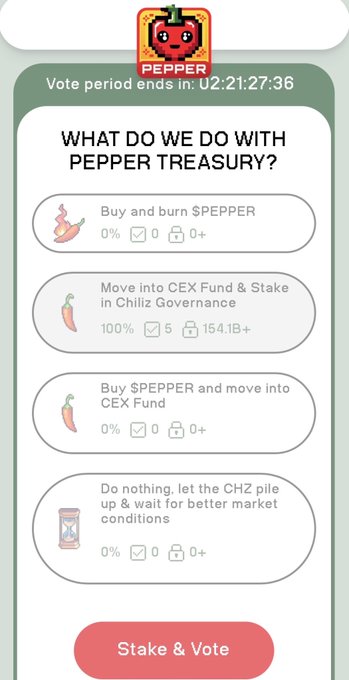 PEPPER token governance vote on what to do with the treasury, with options including buying and burning $PEPPER, moving into CEX Fund & staking in Chiliz Governance (leading at 100%), and doing nothing.