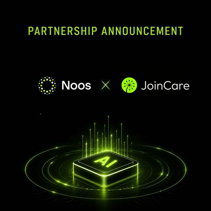 A partnership announcement graphic showing 'Noos' and 'JoinCare' logos above a glowing green AI chip design on a black background.