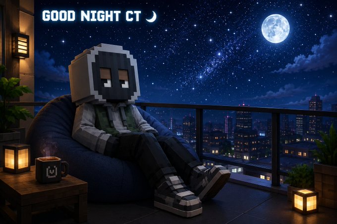 A 3D-rendered Minecraft-style character sits on a beanbag chair on a balcony overlooking a city at night with a full moon and starry sky, accompanied by the text 'GOOD NIGHT CT' and a moon emoji.