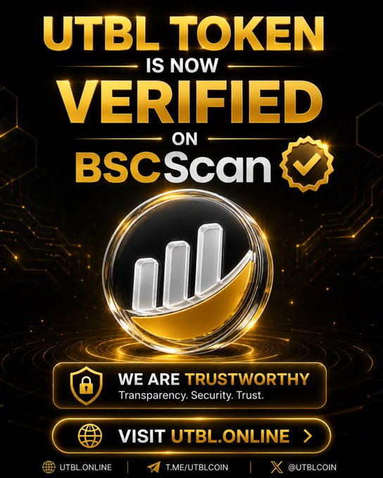 A promotional graphic announcing that "UTBL TOKEN IS NOW VERIFIED ON BSCSCAN," featuring a gold coin with a rising bar chart, the BscScan logo, and trust messaging alongside links to utbl.online and the @UTBLCOIN Telegram and X accounts. The image reinforces the accompanying post's announcement of UTBL Token's official verification on BscScan.