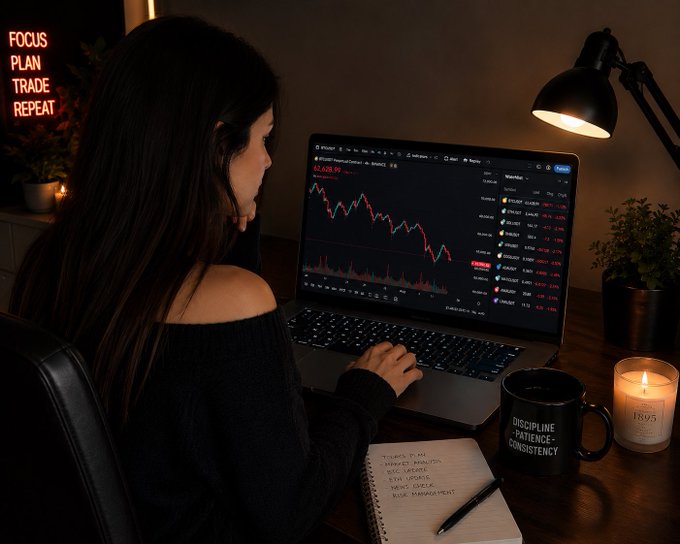 A woman trading cryptocurrency on a laptop displaying charts, with motivational text 'FOCUS PLAN TRADE REPEAT' on the wall and a 'DISCIPLINE PATIENCE CONSISTENCY' mug on the desk.