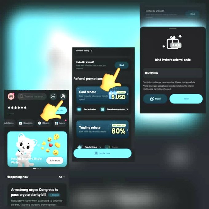 The image shows three Bitget Wallet app screenshots demonstrating how to redeem the referral code "ik3Dg7," with step-by-step instructions guiding users to "Rewards" → "Invited by a friend?" → "Bind" and enter the code for promotional perks including a 5 USD card rebate and 80% trading commission rebate.
