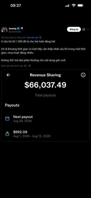 X Revenue Sharing payout notification for Jeremy (@Jeremyidc) showing total payouts of $66,037.49, with a next payout scheduled for Aug 28, 2026, and a recent payout of $992.08 for Aug 1-15, 2026.