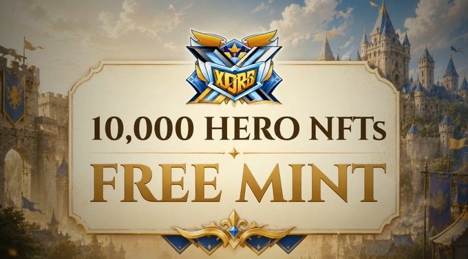 Fantasy-themed promotional graphic announcing '10,000 HERO NFTs FREE MINT' with a decorative emblem and castle backdrop.