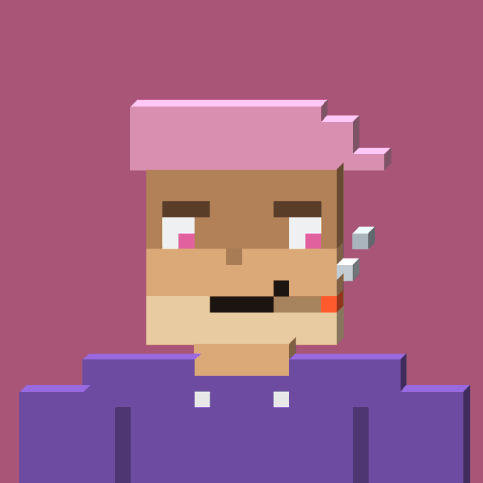 Pixel art illustration of a character with pink hair, blush, and a cigarette in their mouth, wearing a purple shirt against a mauve background.