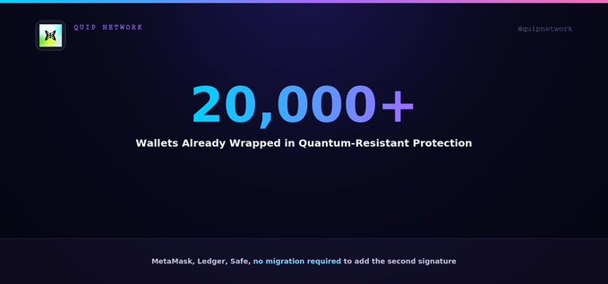 A Quip Network graphic announces "20,000+ Wallets Already Wrapped in Quantum-Resistant Protection" with a note about MetaMask, Ledger, and Safe at the bottom.
