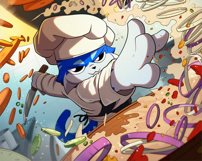 An illustration of an anthropomorphic cat chef wearing a white chef's hat and coat, wielding a knife while surrounded by flying vegetables and food items in a dynamic, action-packed kitchen scene.