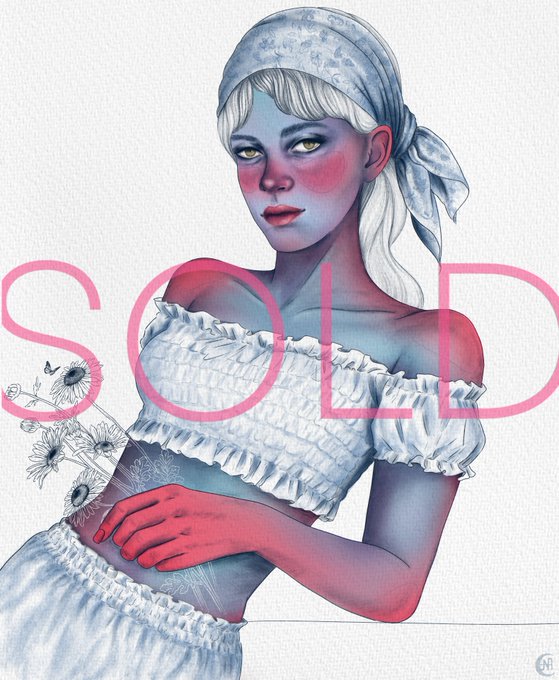 An illustration with the large pink text 'SOLD' overlaid on a portrait of a pale, blue-skinned woman with white hair wearing a bandana and a white off-the-shoulder ruffled top, holding flowers with tattoos on her arm.