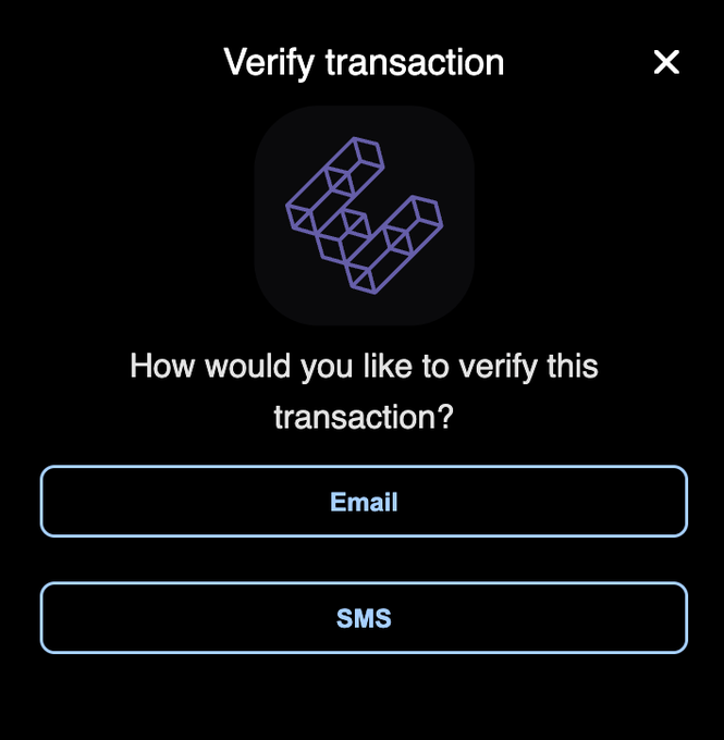 A dark-themed verification screen titled 'Verify transaction' asks 'How would you like to verify this transaction?' with options to choose between 'Email' and 'SMS'.