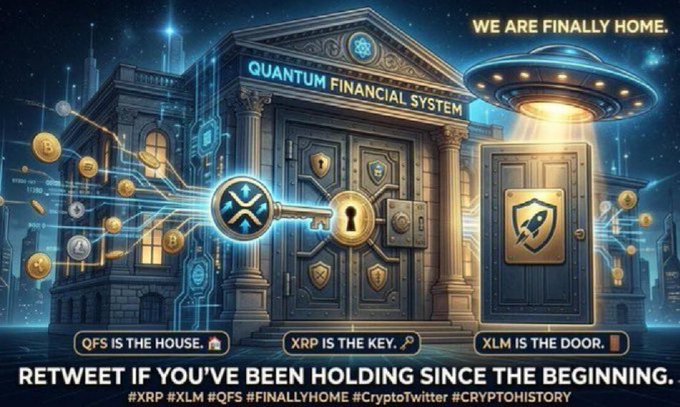 A crypto promotional graphic titled 'WE ARE FINALLY HOME' featuring a 'Quantum Financial System' bank with text stating 'QFS IS THE HOUSE', 'XRP IS THE KEY', and 'XLM IS THE DOOR'.