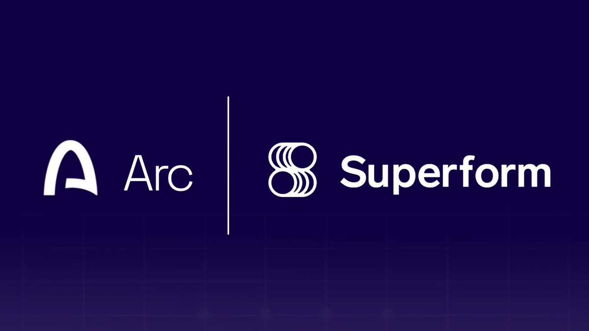 A dark purple banner displaying two company logos side by side: 'Arc' with its stylized A-shaped icon on the left, and 'Superform' with a stacked geometric emblem on the right, separated by a vertical divider line.
