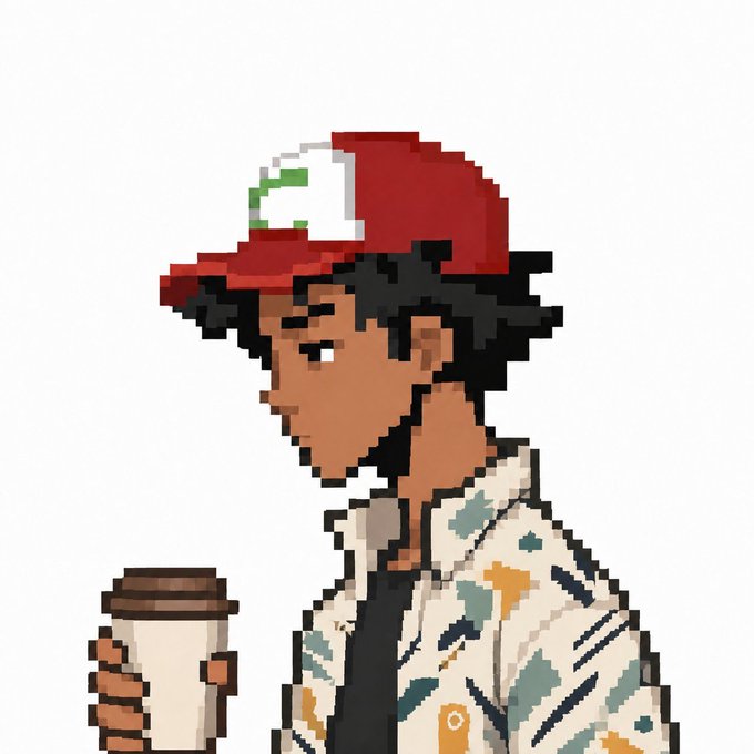 A pixel art illustration of a person with dark skin and curly hair, wearing a red and white cap and a patterned jacket, holding a coffee cup.