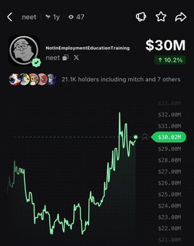 A meme coin called $neet (NotInEmploymentEducationTraining) with a $30M market cap is shown trending on Pumpfun, gaining 10.2% over a year, with 21.1K holders including "mitch" and 7 others as displayed in its green price chart.