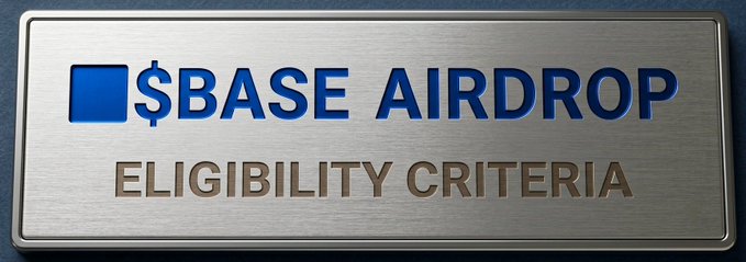 The image features a silver metal sign with blue text that reads "Base Airdrop Eligibility Criteria" against a gray background. The sign has a unique design, as it is shaped like a rectangle and made of metal instead of traditional paper or fabric materials. It appears to be hanging on the wall, possibly in an office setting where such information might be relevant.