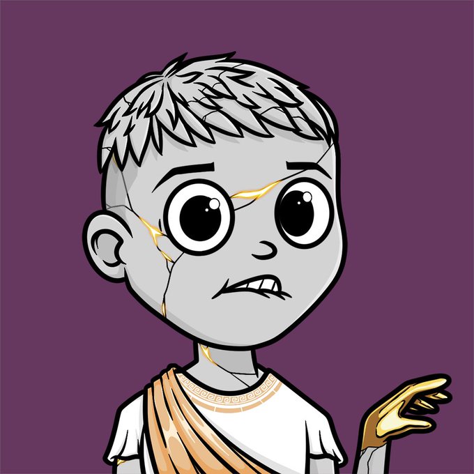 The image features a cartoon character with a sad expression, wearing a robe or garb that resembles ancient Roman clothing. The character has a broken nose and appears to be in distress. The caption below the image reads "Okay, I'M officially a Pythenian now beautiful art, awesome community, right vibes would’ve been silly to miss out holding @PythNetwork ?". This suggests that the image is related to a post about Pythenians or ancient Roman culture and possibly features an NFT.