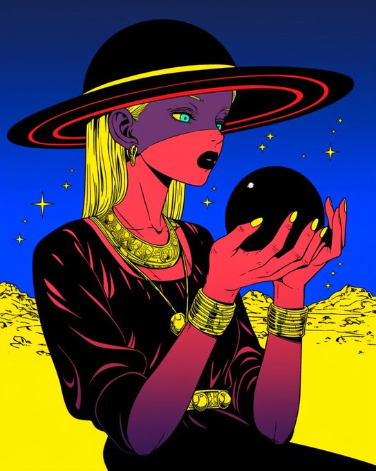 A stylized illustration of a purple-skinned figure with bright yellow hair, wearing a wide-brimmed black hat with red and yellow bands, holding a black orb against a cosmic blue and yellow landscape. The mystical, fortune-teller aesthetic complements the post's theme of "powering down" to recharge and tap into cosmic momentum for a loaded Friday ahead.