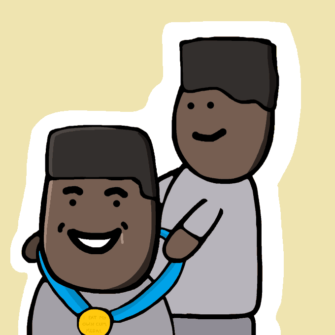 A simple cartoon drawing of two smiling Black men; the one in the foreground wears a gold medal on a blue ribbon, while the one in the back is making a peace sign.