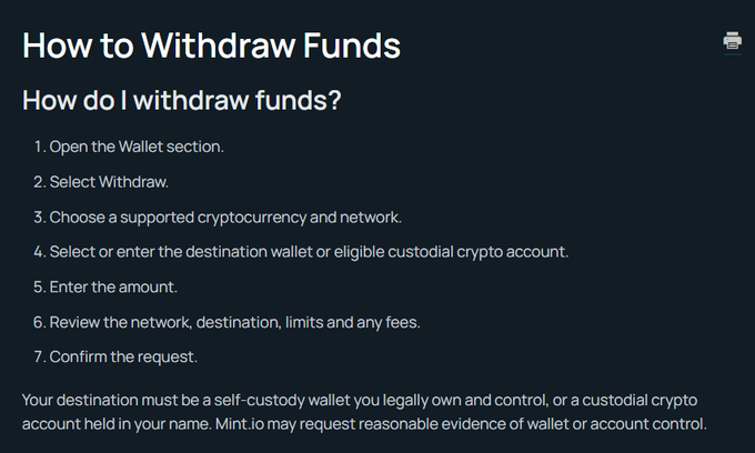 A dark-themed help page titled 'How to Withdraw Funds' with 7 numbered steps for withdrawing cryptocurrency on Mint.io, requiring a self-custody wallet or custodial account in the user's name.