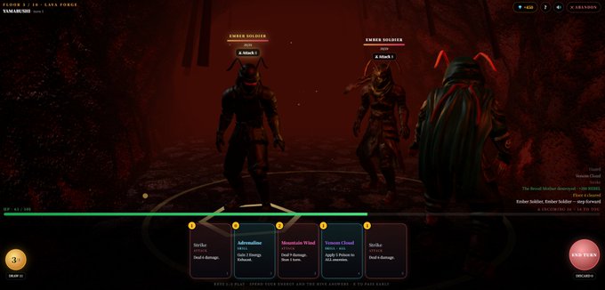 A video game screenshot titled "CLOAK & DAGGER VAULIARIUM" showing three "EMBER SOLDIER" enemies in a dark environment with combat cards at the bottom, including "Adrenaline" and "Mountebank's Wail".