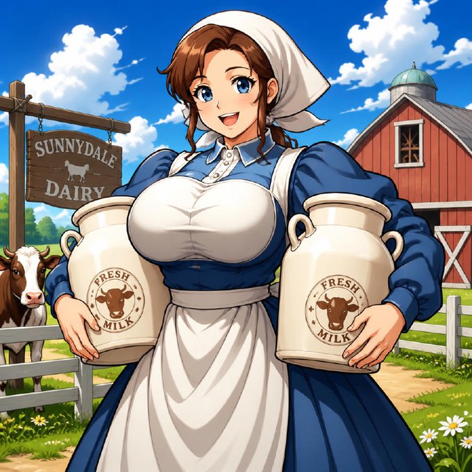 An anime-style illustration depicts a young woman in a blue and white maid outfit holding two large jugs labeled 'FRESH MILK', standing in front of a 'Sunnydale Dairy' sign with a cow and red barn in the background.