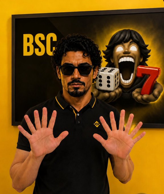 A man wearing sunglasses and a Binance-branded black polo shirt stands before a screen displaying "BSC" alongside a cartoon figure holding a die and the red number "7," visually representing the "$67" token launch on the BNB Smart Chain mentioned in the post. His raised open palms emphasize a "hands-off" or honest approach, reinforcing the caption's message of transparent multi-chain expansion without arbitrage tricks.