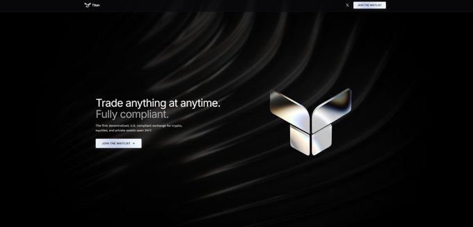 Dark promotional webpage with the text "Trade anything at anytime. Fully compliant." alongside a metallic Y-shaped logo on a black wavy background.