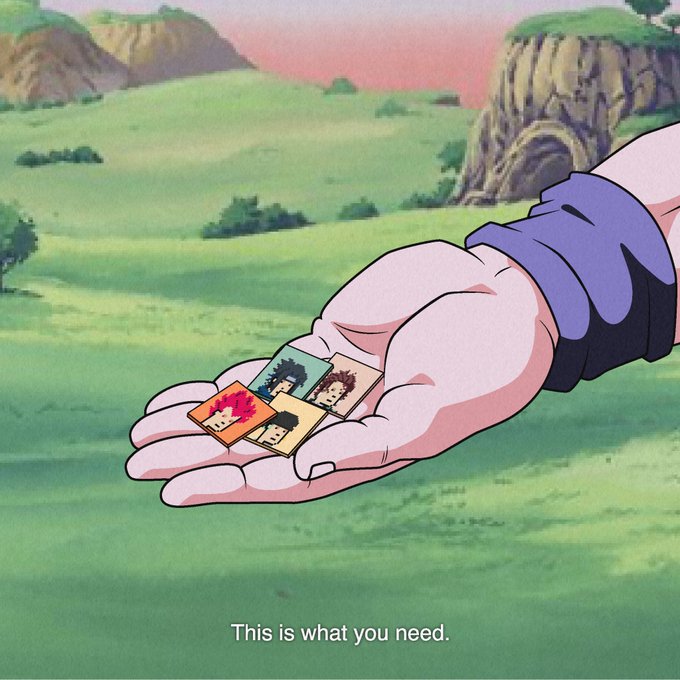 An animated scene showing a hand holding four small character portraits over a grassy landscape, with the subtitle 'This is what you need.'