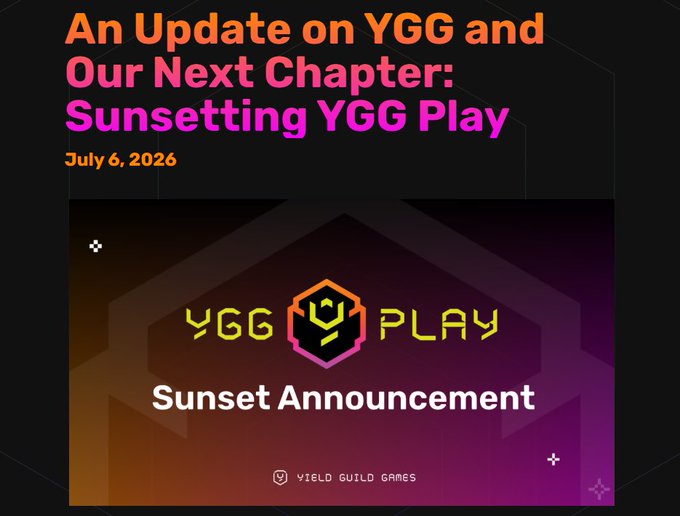 An announcement graphic titled 'An Update on YGG and Our Next Chapter: Sunsetting YGG Play' dated July 6, 2026, featuring the YGG Play Sunset Announcement by Yield Guild Games.