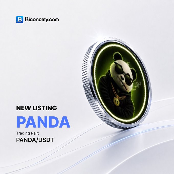 A promotional graphic from Biconomy.com announcing a new listing for the PANDA cryptocurrency token with a trading pair of PANDA/USDT, featuring a panda-themed coin.
