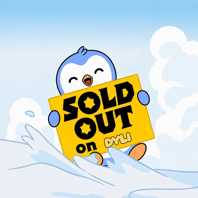 A cartoon penguin holds a yellow sign reading 'SOLD OUT on DTVU' while floating on water.