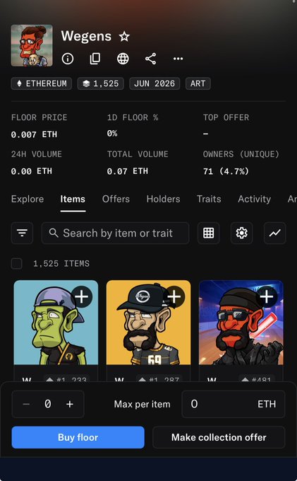 An NFT marketplace listing for the 'Wegens' collection on Ethereum, showing a floor price of 0.007 ETH, 1,525 items, 71 owners, and three sample cartoon character thumbnails.