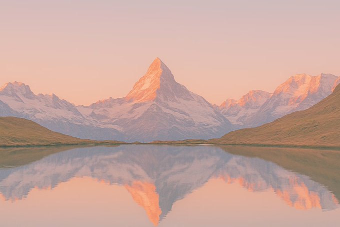 A scenic landscape photograph showing a snow-capped mountain peak bathed in warm pink and orange sunset light, beautifully reflected in a calm alpine lake with green hills in the foreground.
