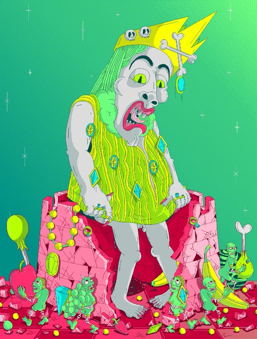 A bizarre digital art piece featuring a king/crown-wearing creature with yellow eyes and a green vest standing on a pink throne, surrounded by small green monsters, bananas, and gems on a bright green background.