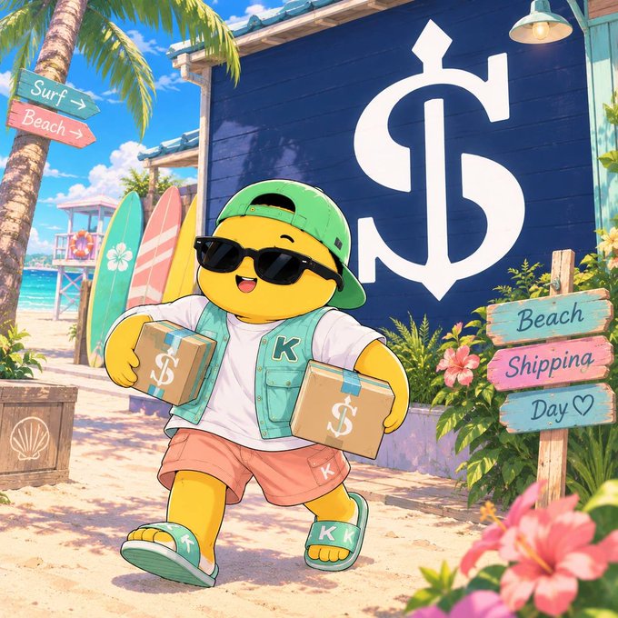 A cartoon yellow character wearing sunglasses, a green cap, and a 'K' jacket carries two dollar-sign boxes at a beach shipping shop with signs reading 'Surf Beach' and 'Beach Shipping Day'.