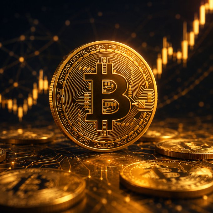 A 3D render of a gold Bitcoin coin surrounded by other coins, with candlestick chart patterns in the background.