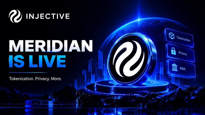 A promotional graphic announces 'INJECTIVE - MERIDIAN IS LIVE' with the tagline 'Tokenization. Privacy. More.', featuring icons for Tokenization, Privacy, and RWA against a dark, futuristic background.