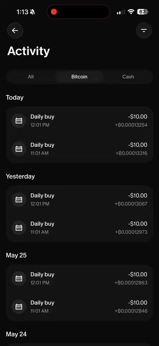 The image features a cell phone display showing a screen with various app icons, including one that reads "Activity", which could be related to an app or feature on the device. The main content of the screen displays daily transactions related to Bitcoin. These transactions include purchases and account balances, all of which are in Bitcoins. 

The post titled "I have been buying $20 of Bitcoin every single day since August 16th 2025. I’m only 0.0246464 from 10% of a Bitcoin. When Bitcoin is 10 million, my eventual 10% will be 1 million in fiat." The post seems to provide some information or discussion about the daily Bitcoin transactions and their relevance to cryptocurrency prices.