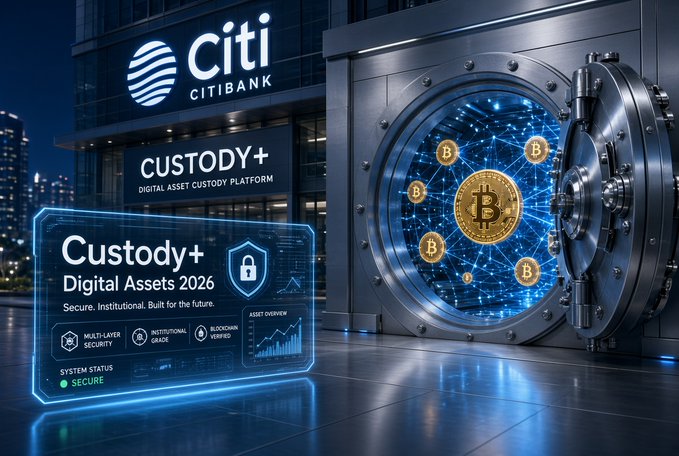 The image showcases Citi's newly launched Custody+ Digital Asset Custody Platform, featuring a Citi Citibank building alongside a high-security digital vault displaying Bitcoin tokens, with text highlighting "Custody+ Digital Assets 2026" and "System Status: Secure." This visually represents Citi's official entry into cryptocurrency custody, particularly for Bitcoin, aligning with the post's announcement of the bank's plans to offer digital asset custody services.
