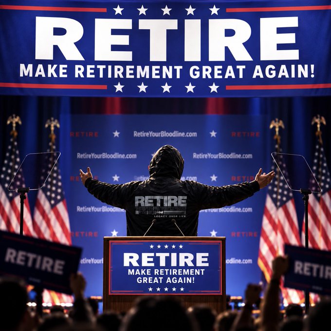 A person in a black hooded jacket stands at a podium on a stage with their arms raised, in front of a large banner reading "RETIRE - MAKE RETIREMENT GREAT AGAIN!", with American flags and a crowd in the foreground.