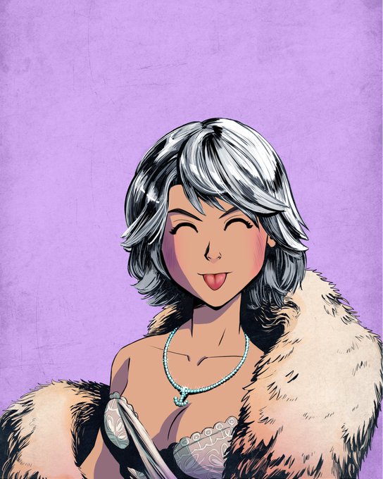 A comic-style illustration of a smiling woman with short silver hair, wearing a turquoise necklace and a fur stole, against a purple background.