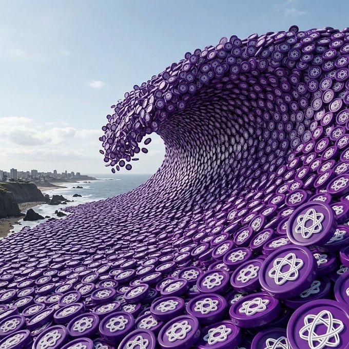 A massive wave made entirely of purple Polyhedra Network (POL) tokens crashing onto a coastline.