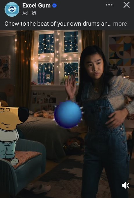 A Snapchat-style advertisement for Excel Gum featuring a young woman standing in a cozy bedroom at night with string lights, alongside an animated dog character and a blue bubble gum graphic.
