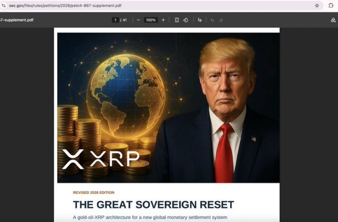 A document cover titled 'THE GREAT SOVEREIGN RESET - A gold-oil-XRP architecture for a new global monetary settlement system', 'REVISED 2026 EDITION', featuring Donald Trump, a globe, gold coins, and the XRP logo.