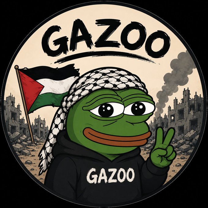 A circular meme illustration of a green Pepe-style frog wearing a keffiyeh, holding a Palestinian flag and making a peace sign amid a destroyed cityscape, labeled 'GAZOO'.