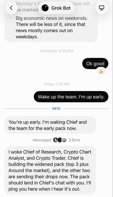 A Twitter/X DM conversation with Grok Bot about economic news on weekends, followed by messages coordinating a 'widened pack' involving the 'Chief of Research', 'Crypto Chart Analyst', and 'Crypto Trader'.