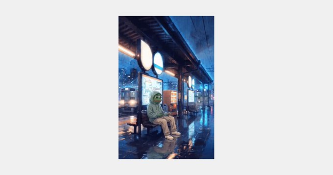 An AI-generated illustration of a person wearing a green alien-like mask sitting alone on a bench at a wet, neon-lit bus stop at night.