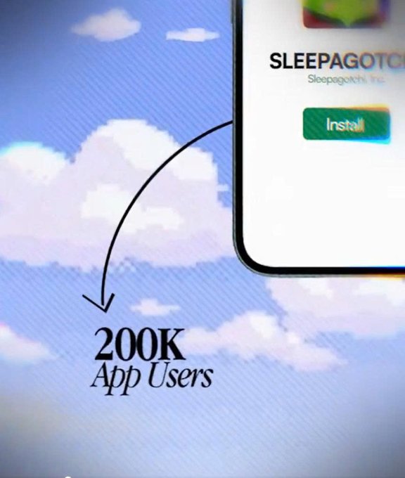 The image shows an advertisement for a mobile app called "Sleepagotch" that helps users track their sleep patterns, set goals, and improve their overall health by providing insights into their sleeping habits. The app has been installed on a cell phone screen with a blue sky background featuring clouds as the main visual element of the advertisement.