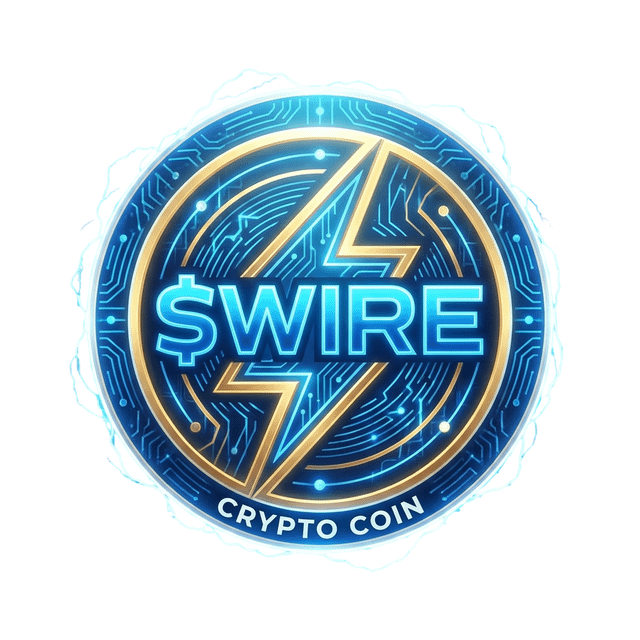 The image features a logo for a cryptocurrency called $WIRE, which is designed with blue and gold colors. The logo includes a lightning bolt symbolizing power or energy within the digital world of cryptocurrencies. The text "Crypto Coin" is written below the lightning bolt symbol, indicating that the coin is related to the crypto industry. The image also contains some text that reads "Everyone should be looking at this $WIRE". This message emphasizes the importance and relevance of the $WIRE cryptocurrency in today's digital landscape.